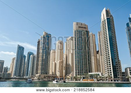 Dubai United Arab Emirates - 21 November 2017- Panorama of modern skyscrapers at Dubai Marina.