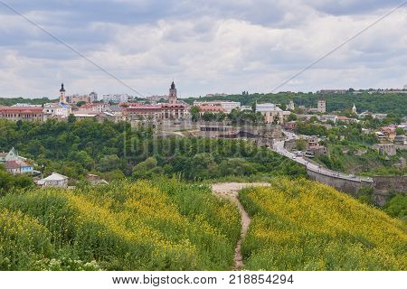 Kamianets-Podilskyi, Ukraine - May 21, 2017. View towards the town. Ukraine.