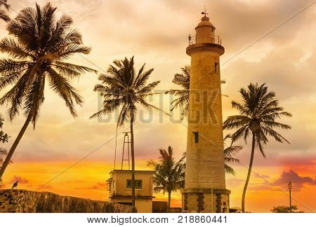 White lighthouse Dondra and tropical palm trees against the background of a fantastic sunset Sri Lanka island .