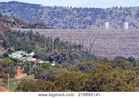 Township of Wyangala located downstream of the rock filled embankment of Wyangala Dam in the Lachlan River Valley, central west region, of New South Wales, Australia