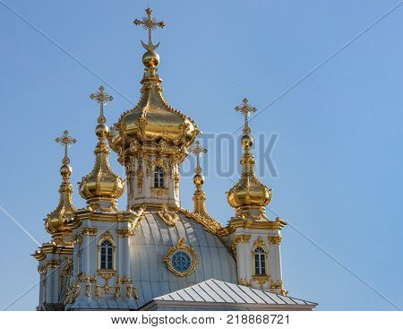 State Museum reserve Peterhof. Domes of the Church of Grand palace. 