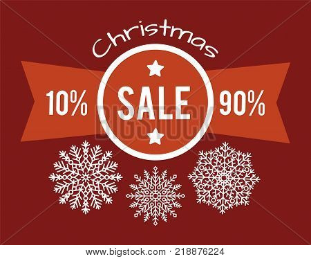 Christmas total sale from 10 to 90 promo poster with white snowflakes vector illustration advertising promotional banner info discounts in red colors