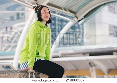 Portrait beautiful young girl russian enjoying smell traval in winter bangkok city thailand