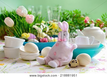 Easter table setting home holiday tableware decor concept front view