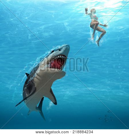 3D render of a great white shark attacking a female swimmer (with digital painting)