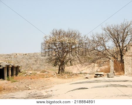 View of ancient ruins on Hemakuta hill in Hampi, Karnataka, India. Landscape with unique mountain formation with amazing stones, tropical nature and temple. UNESCO World Heritage Site