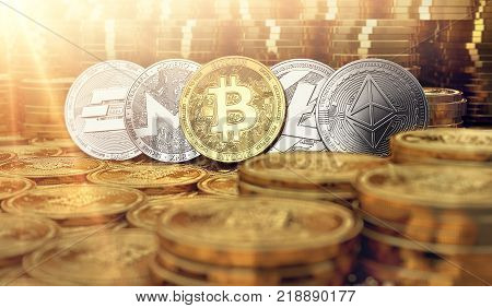 Bitcoin and other cryptos surrounded by piles of golden coins in blurry closeup. Cryptocurrency price growth concept. 3D rendering