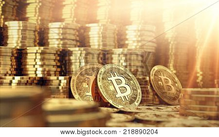 Golden Bitcoin coins in blurry closeup with copy space above. Bitcoin rules the market concept. 3D rendering