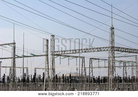 Wires, insulators and electrical poles of power plant Sisak in Croatia