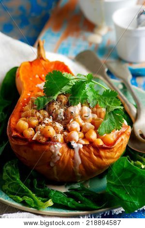 Butternut Squash with Chickpeas Tahini and Za'atar.selective focus