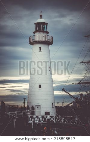 Darling Harbour lighthouse and Endeavour ship Sydney Australia