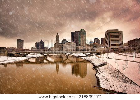 Snowy day in Columbus Ohio along the Scioto river waterfront