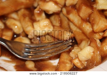 Canadian poutine with a fork in it preparing to eat