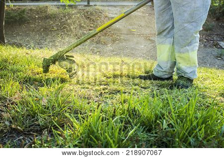 Gardener mowing the grass with lawn mower in the park. He wears Personal protective equipment (PPE)