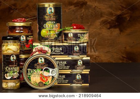 BRNO CZECH REPUBLIC - DECEMBER 16 2017: Kaiser Franz Josef Exclusive Canned Tuna With Chilli. Food for gourmets. Various types of delicacies of Kaiser Franz Josef Exclusive