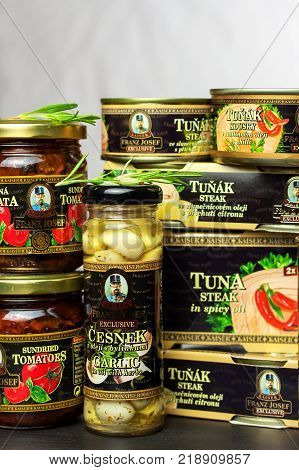 BRNO CZECH REPUBLIC - DECEMBER 16 2017: Kaiser Franz Josef Exclusive Canned Tuna With Chilli. Food for gourmets. Various types of delicacies of Kaiser Franz Josef Exclusive