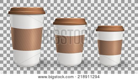 Set of realistic to go and takeaway paper coffee cups in different sizes. Objects on the transparent background. Collection of cups with lids and protective ripple sleeves.