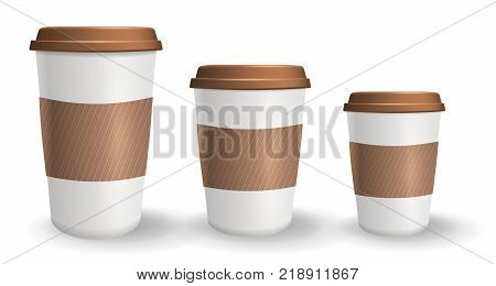 Set of to go and takeaway paper coffee cups in different sizes. Objects isolated on the white background. Collection of cups with lids and protective ripple sleeves.