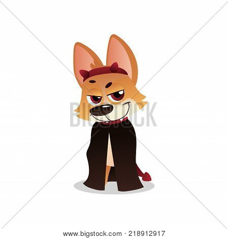 Funny corgi in black cloak with devil horns and tail. Cartoon dog character with insidious muzzle expression. Domestic animal. Graphic design for postcard or sticker. Isolated flat vector illustration
