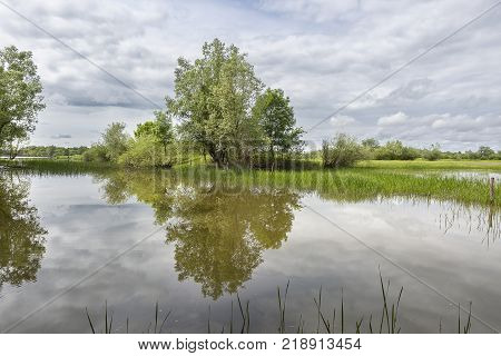 Bucolic Nature Landscape With A Lake, Green Vegetation And Sky With Cloud Reflecting In The Water Su
