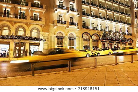 ATHENS GREECE, DECEMBER 15 2017: night photography of Grande Bretagne hotel Athens Greece with Christmas decorative lights. Editorial use.