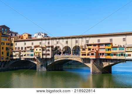 Florence town and the Ponte Vecchio bridge the Arno river in Italy Europe