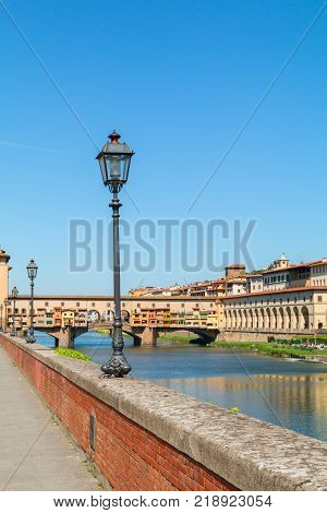 Florence town and the Ponte Vecchio bridge the Arno river in Italy Europe