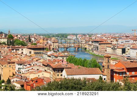 Beautiful views of Florence cityscape in the background Ponte Vecchio bridge in Italy Europe