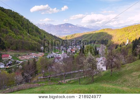 Typical mountain landscape and village in SloveniaEurope