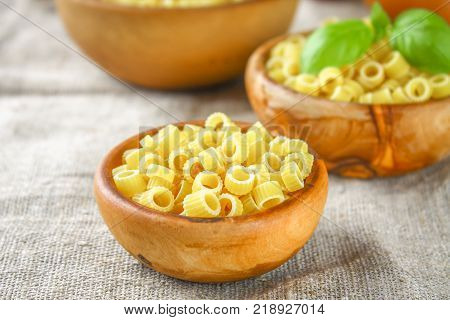 Ditalini macaroni. Pasta rings. Tubettini and thimbles Anellini
