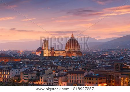 Beautiful views of Florence cityscape in the background Cathedral Santa Maria del Fiore at sunset in Italy Europe