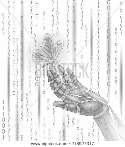 Butterfly on mechanical robot finger hand. Polygonal geometric innovation technology futurustic nature contrast concept. Binary code number android ecology vector illustration art