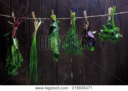 Bunches of fresh herbs spinach, betroots, dill, parsley, spinach, basil, green onion hanging on the string.Wooden background. Concept season herbs