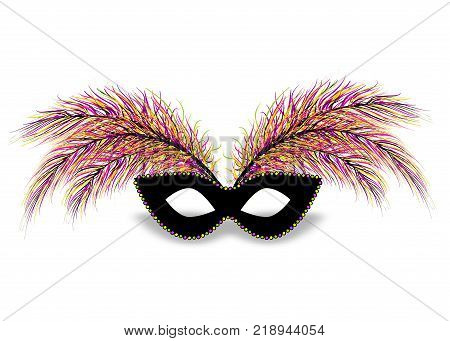 Realistic black color mask bead necklace feather. Isolated white background. Mardi Gras - Fat Tuesday carnival carnival in a French-speaking country. Vector illustration.