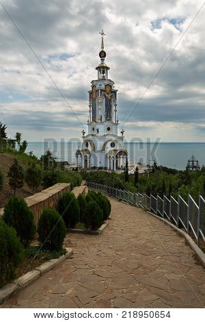 Malorechenskoye, Russia - June 07, 2016: Church-lighthouse of St. Nicholas the Miracle-Worker of Myra in the village of Malorechenskoye on the southern coast of the Crimea