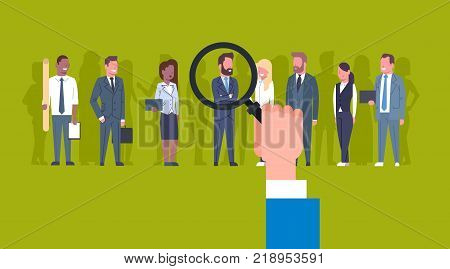 Hr Hand Holding Magnifying Glass Pick Businessman Of Group Of Business People Candidate Recruitment Concept Flat Vector Illustration