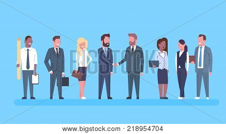 Two Business Men Shaking Hands Partners Hand Shake Concept Businesspeople Team Boss Successful Agreement Or Deal Flat Vector Illustration