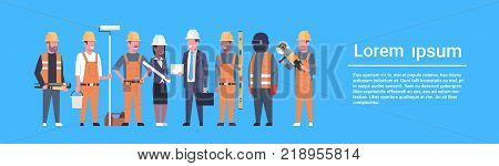 Costruction Workers Team Industrial Technicians Mix Race Man And Woman Builders Group Horizontal Banner Flat Vector Illustration