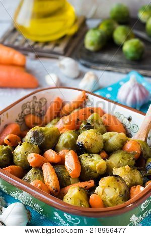 Useful and dietary dinner of caramelized brussels cabbage and carrots