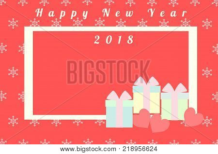 greeting card for Christmas and New Year 2018. Illustration with gift boxes and frame in pink color. Snowflake pattern on pink color background. Picture with copy space.