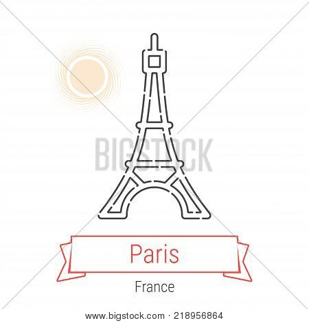 Paris, France Vector Line Icon with Red Ribbon Isolated on White. Parice Landmark - Emblem - Print - Label - Symbol. Eiffel Tower Pictogram. World Cities Collection.