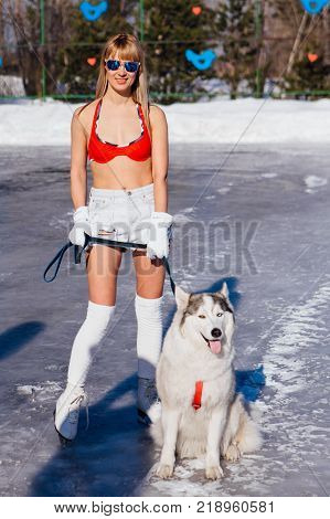 Novokuznetsk, Kemerovo region, Russia - 23 Feb, 2017 : White beaches of Siberia is an enterteiment activity where people playing beach games dressed in bikini in winter. Women in bikini with husky