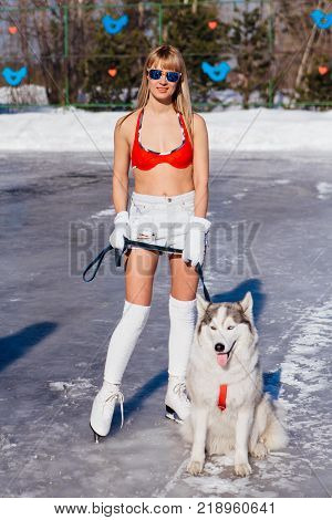 Novokuznetsk, Kemerovo region, Russia - 23 Feb, 2017 : White beaches of Siberia is an enterteiment activity where people playing beach games dressed in bikini in winter. Women in bikini with husky