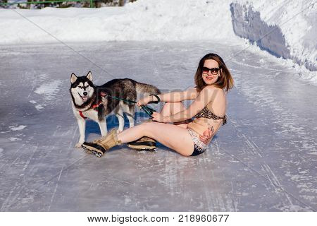 Novokuznetsk, Kemerovo region, Russia - 23 Feb, 2017 : White beaches of Siberia is an enterteiment activity where people playing beach games dressed in bikini in winter. Women in bikini with husky