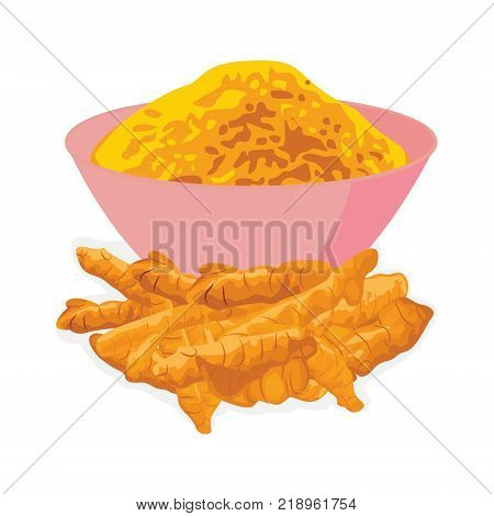 Turmeric roots and powder  in a bowl on a white background vector illustration