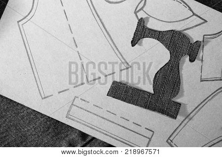 A Stencil Of A Sewing Machine Of Jeans, Drawing Clothing On Paper