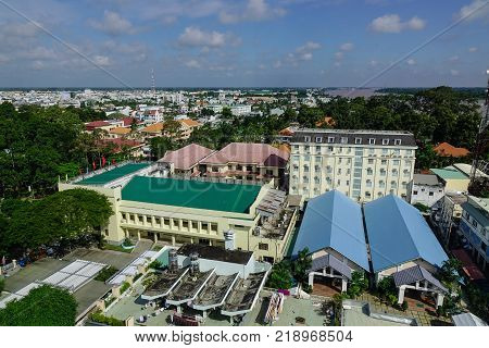 Long Xuyen Vietnam - Sep 1 2017. Aerial view of Long Xuyen city Vietnam. Long Xuyen is the provincial city and capital city of An Giang Province Mekong Delta Region.