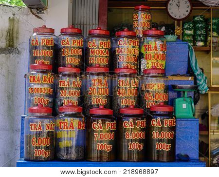 Long Xuyen Vietnam - Sep 1 2017. Glass bottles of tea and coffee at a shop in Long Xuyen Vietnam. Long Xuyen is the provincial city and capital city of An Giang Province.