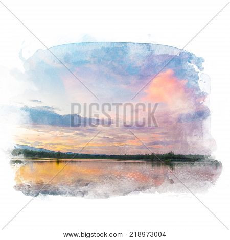 Lake with beautiful sky with cloud and mountain on background. Watercolor painting (retouch).