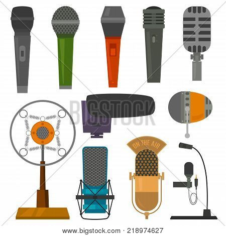 Microphone audio vector dictaphone and microphones for podcast broadcast or music record broadcasting set illustration isolated on white background.